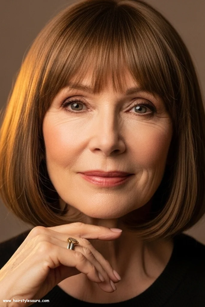 10 Stunning Shoulder Length Haircuts for Women Over 50 6 Shoulder-Length Bob with Bangs