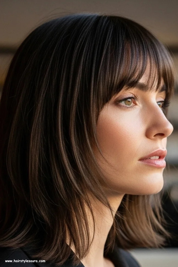 12 Stunning Layered Haircut Ideas with Curtain Bangs Every Woman Should Try 7 Blunt Layers with Soft Curtain Bangs