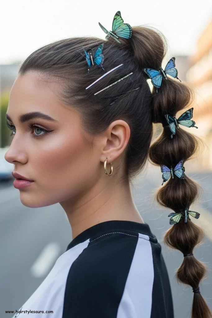 13 Best 90s Butterfly Clip Hairstyle Ideas That Are Making a Comeback 7 Bubble Ponytail with Clips