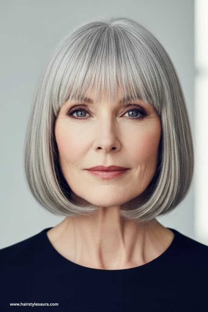 12 Flattering Hairstyles for Women Over 50 With Bangs 7 Chin-Length Bob With Blunt Bangs