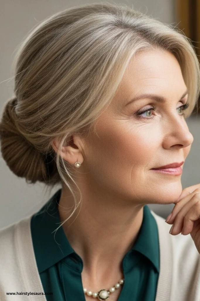 12 Elegant Long Hairstyles for Women Over 50 7 Low Twisted Bun with Face-Framing Strands