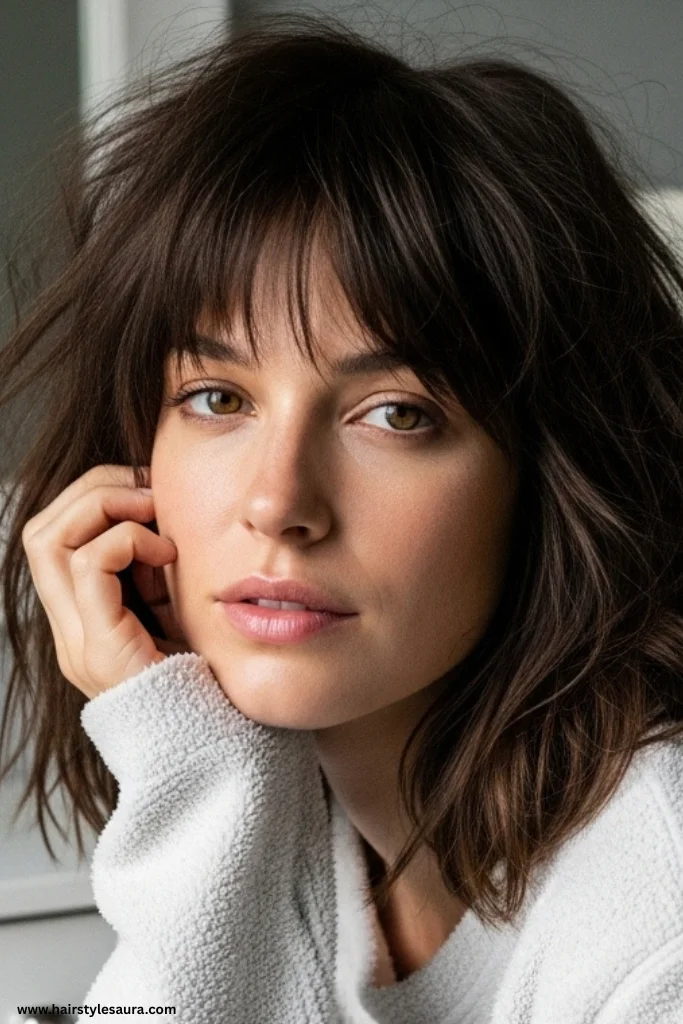 10 Effortlessly Chic Shaggy Lob with Fringe Hairstyles Women Are Loving Right Now 7 Messy Shaggy Lob with Wispy Fringe