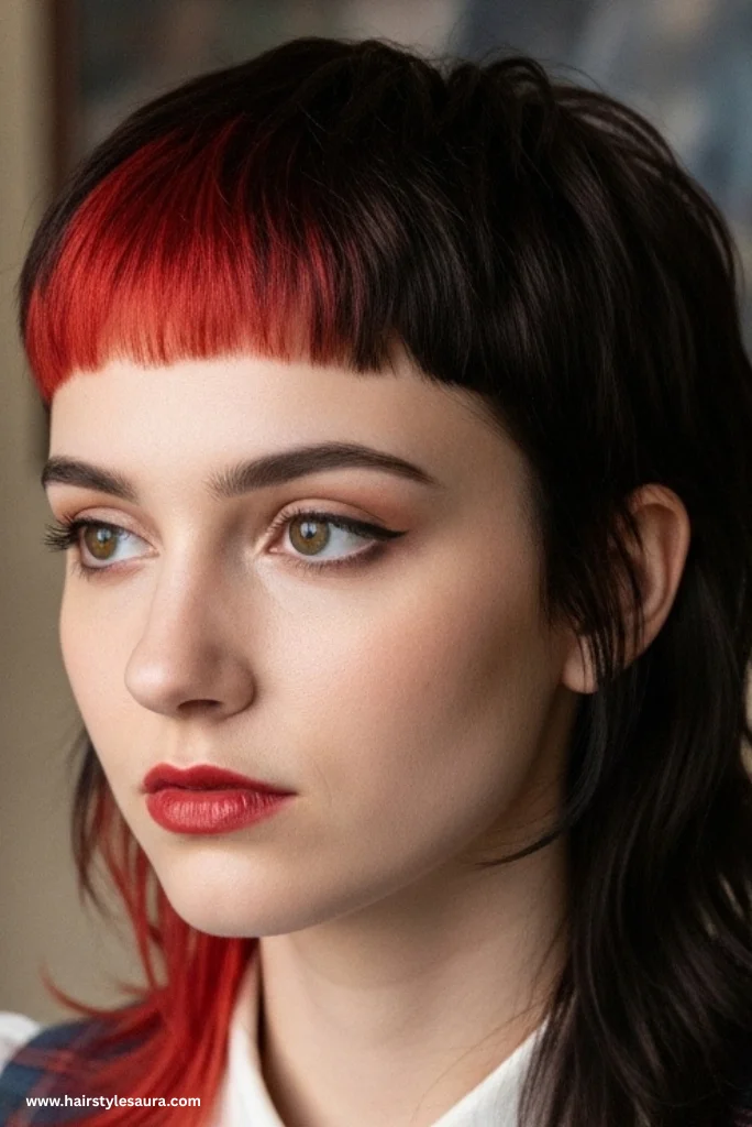 12 Stunning Styles of Wolf Cut with Colored Bangs to Rock Your Look 7 Mullet-Inspired Wolf Cut with Fire Red Bangs