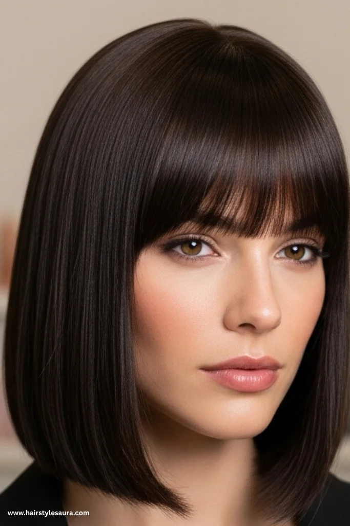 12 Elegant Old Money Bob with Bangs Haircut Ideas for Women with Timeless Style 7 Polished Long Bob (Lob) with Full Bangs