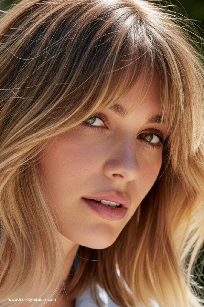 13 Stylish Shaggy Lob with Curtain Bangs Ideas to Refresh Your Look 7 Shaggy Lob with Balayage and Curtain Bangs