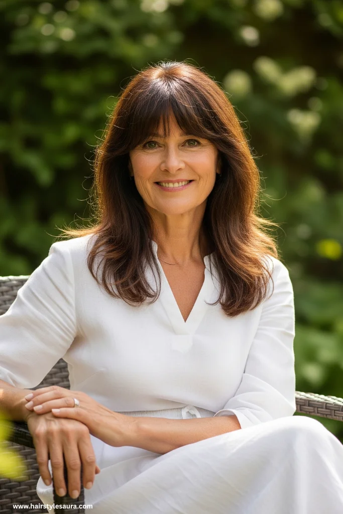 10 Stunning Hairstyles for Women Over 50 with Fine Hair 8 Long Layers with Curtain Bangs