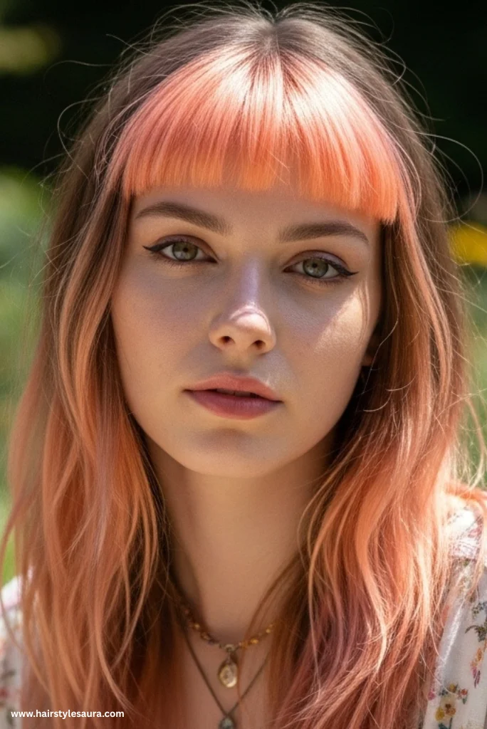 12 Stunning Styles of Wolf Cut with Colored Bangs to Rock Your Look 8 Long Wolf Cut with Peach Bangs