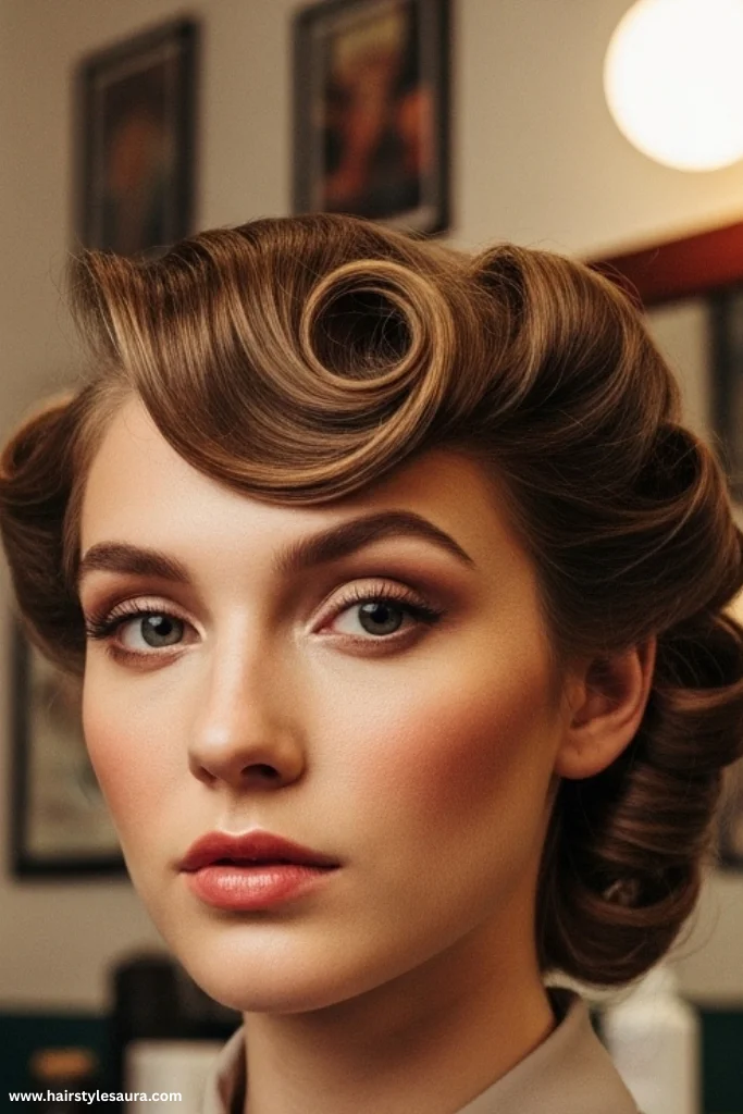 15 Stunning Vintage Hairstyles with Bangs Ideas for a Timeless Look 8 Pin Curls with Side-Swept Bangs