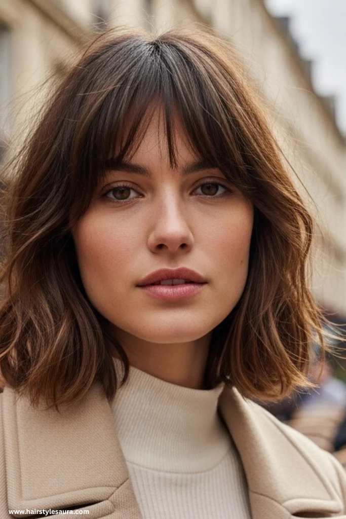 10 Effortlessly Chic Shaggy Lob with Fringe Hairstyles Women Are Loving Right Now 8 Tousled Lob with Piecey Bangs