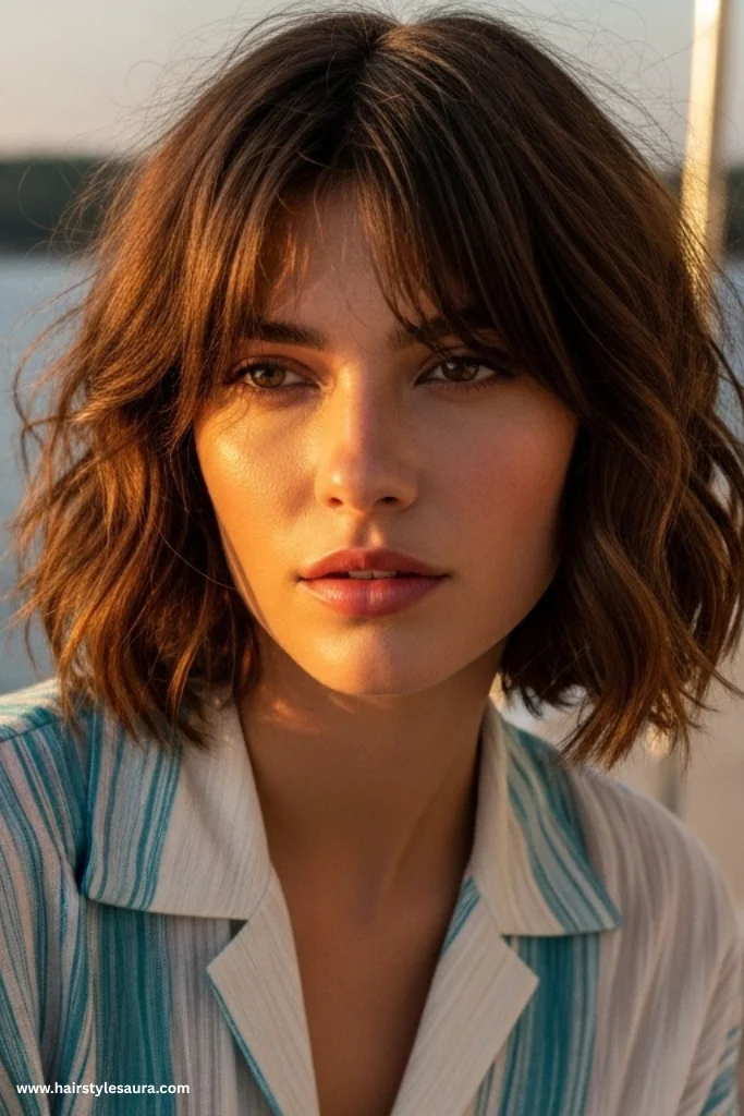 12 Elegant Old Money Bob with Bangs Haircut Ideas for Women with Timeless Style 8 Wavy Bob with Piecey Bangs