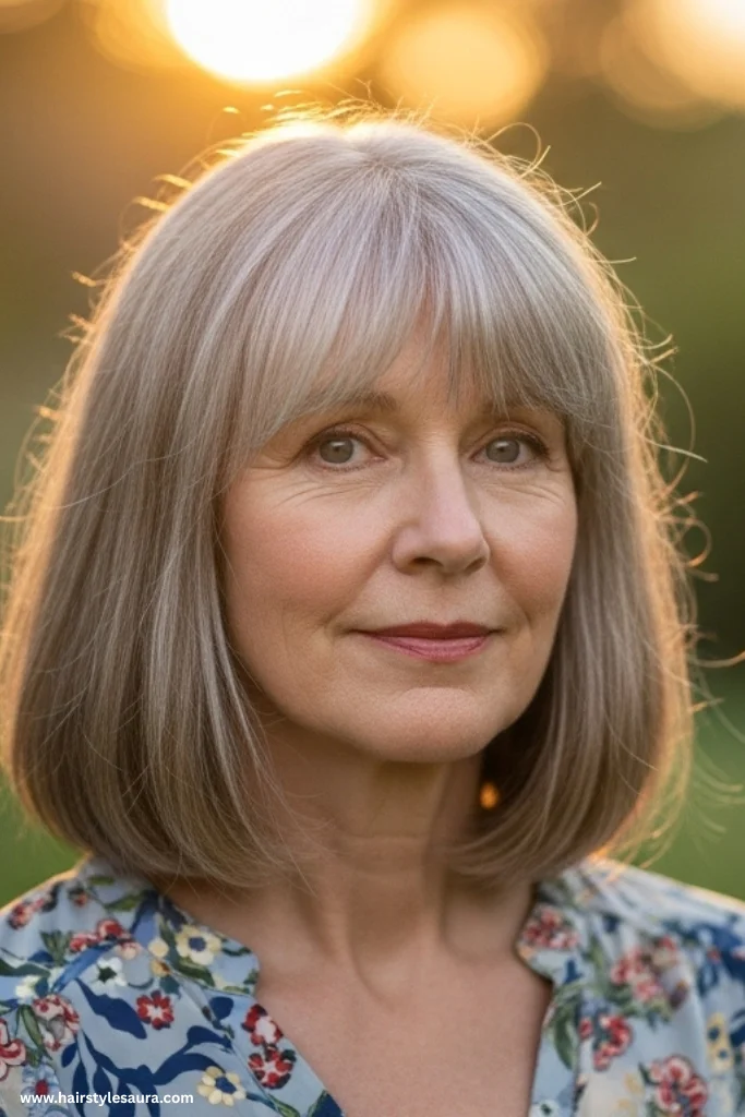 12 Hairstyles for Women Over 50 with Thin Hair 8 Wispy Bangs with Shoulder-Length Cut