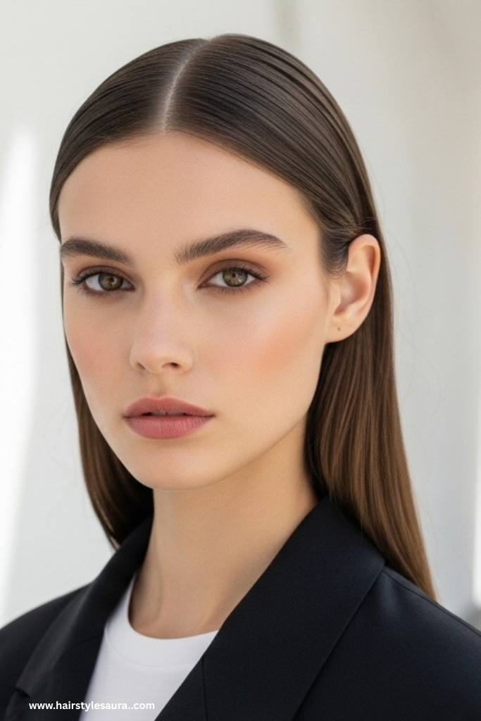 10 Cute Hairstyles for Shoulder Length Hair You’ll Want to Try Today 9 Sleek Straight Middle Part