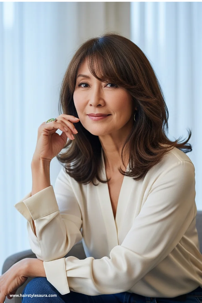 12 Flattering Hairstyles for Women Over 50 With Bangs 9 Layered Cut With Arched Bangs