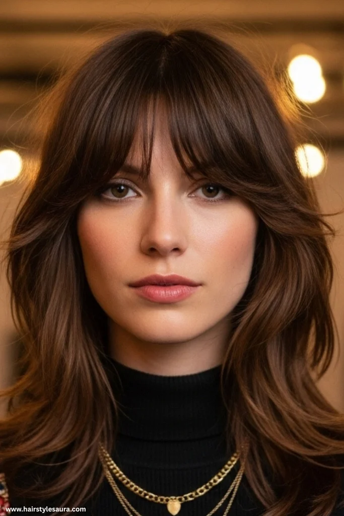 12 Stunning Shaggy Wolf Cut with Bangs Ideas for a Bold New Look 9 Layered Wolf Cut with Feathered Bangs