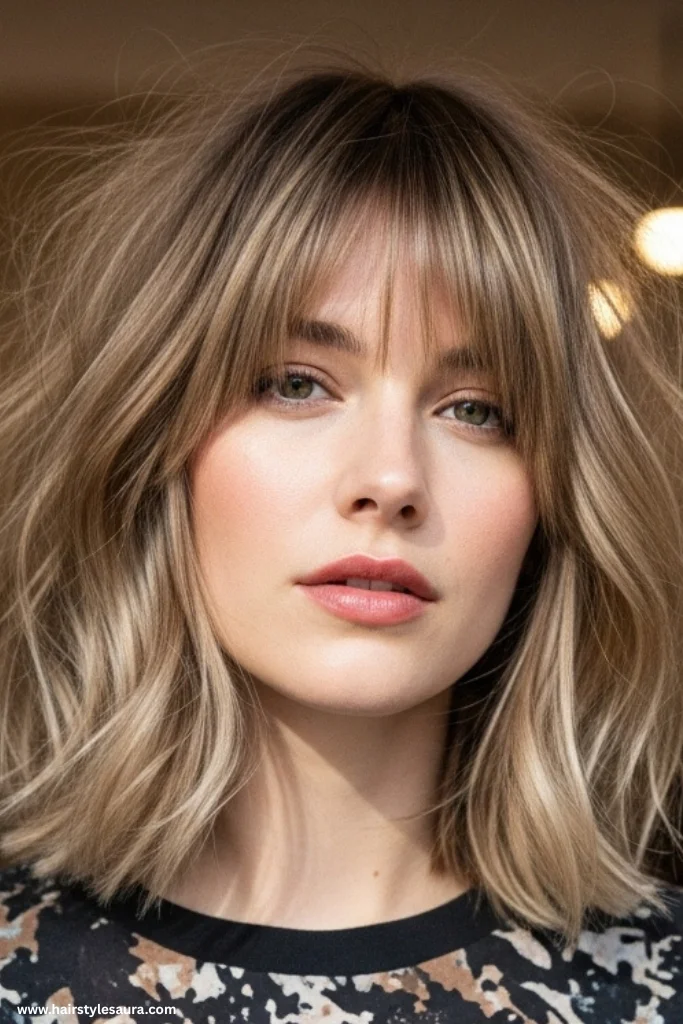 10 Effortlessly Chic Shaggy Lob with Fringe Hairstyles Women Are Loving Right Now 9 Shaggy Lob with Bangs and Balayage