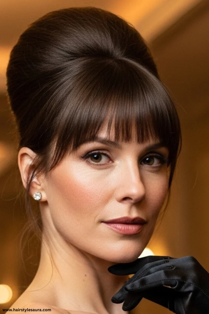 15 Stunning Vintage Hairstyles with Bangs Ideas for a Timeless Look 10 Bouffant Updo with Straight Bangs