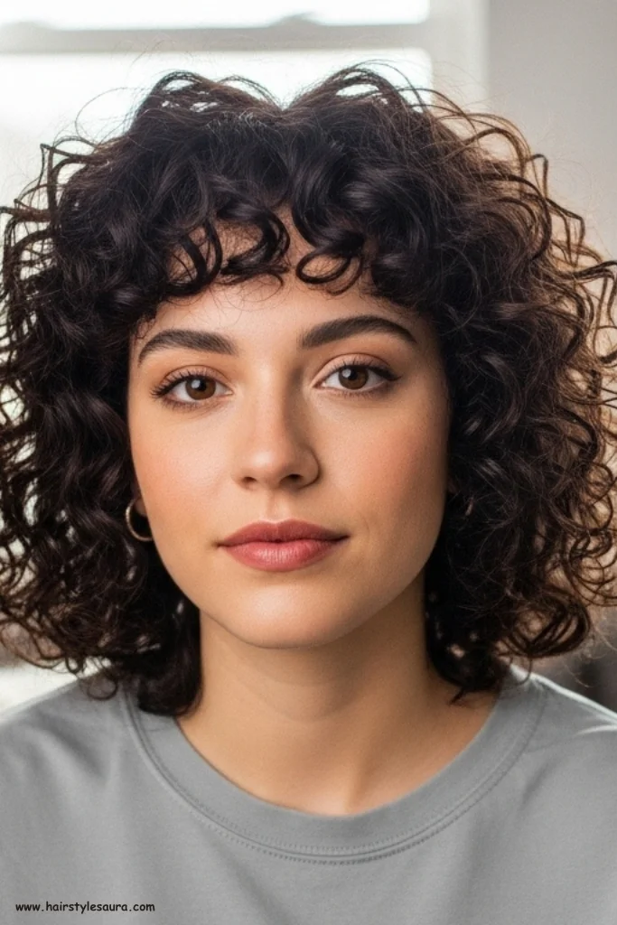 10 Stylish Ear Length Haircuts with Bangs Ideas for Women 10 Curly Bob with Tapered Bangs