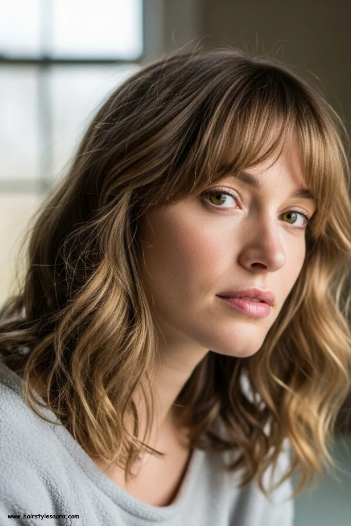 Top 13 Long Oval Face Hairstyles Ideas for All Hair Types 10 Wispy Fringe with Wavy Hair
