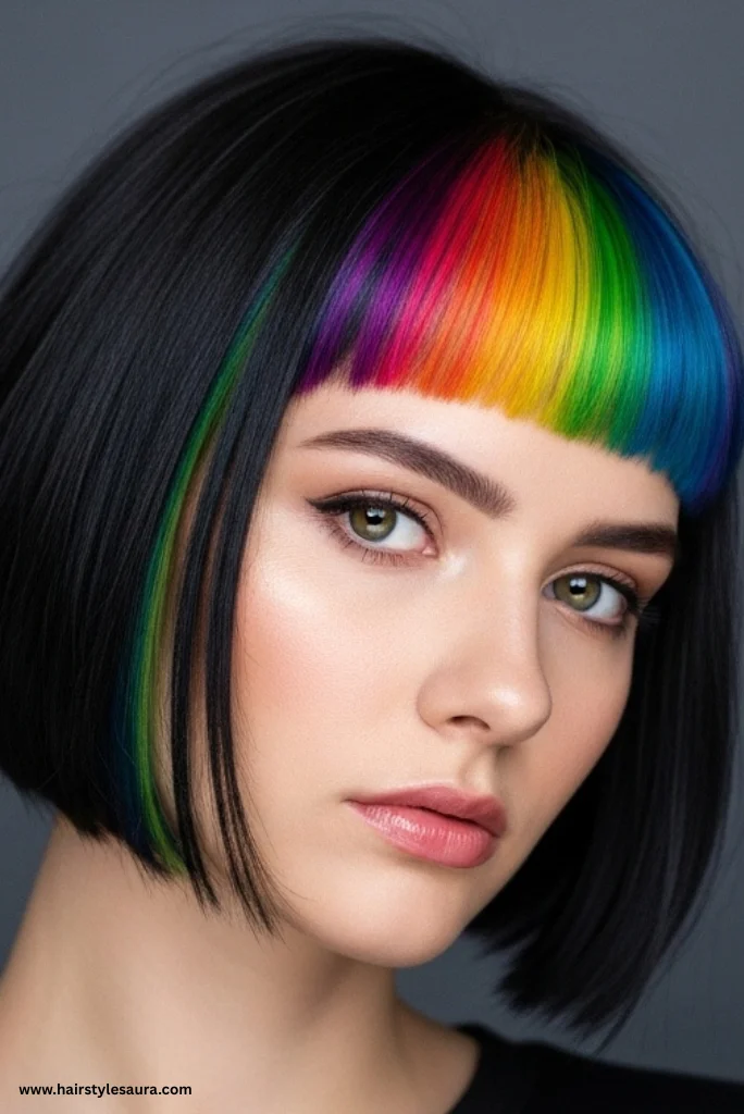 12 Stunning Styles of Wolf Cut with Colored Bangs to Rock Your Look 10 Wolf Cut with Rainbow Streaked Bangs