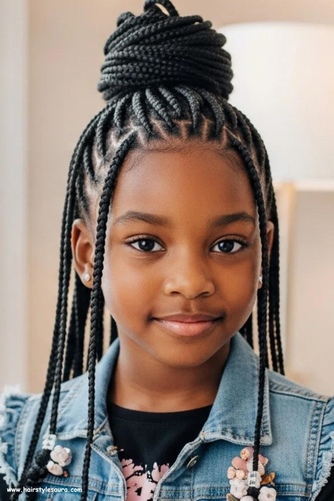 12 Adorable Little Black Girls Hairstyles Braids That Shine with Style 9 Braided Bangs with Bun