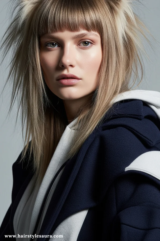 12 Fluffy Wolf Cut Ideas for Women Who Love Volume and Edge 11 Long Fluffy Wolf Cut with Blunt Bangs