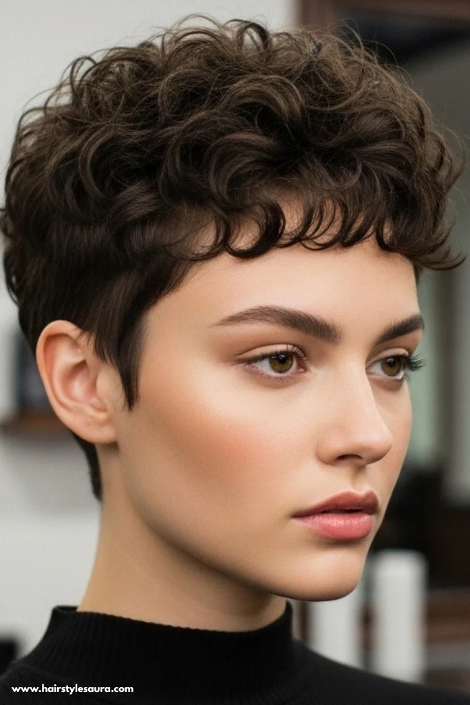 11 Trendy Curly Pixie Cuts Bangs Ideas for 2025 5 Tapered Pixie with Curly Fringe
